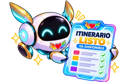 Mascota robótica de VRTon con un cartel que anuncia el itinerario listo y disponible